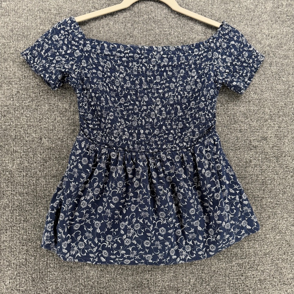 Old Navy Blouse Womens XS Blue Floral Off Shoulder Smocked Short Sleeve Top